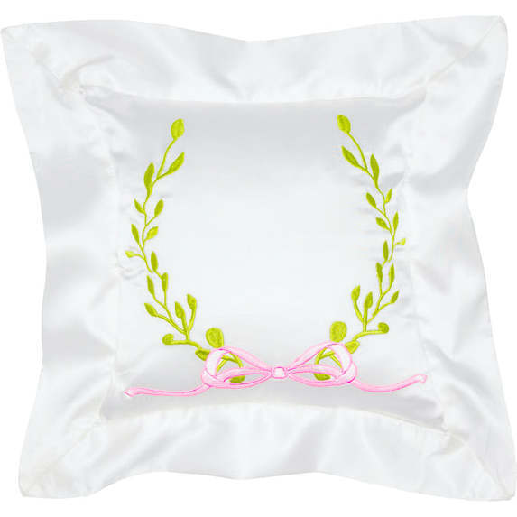Satin Embroidered Baby Pillow, Pink Laurel Wreath