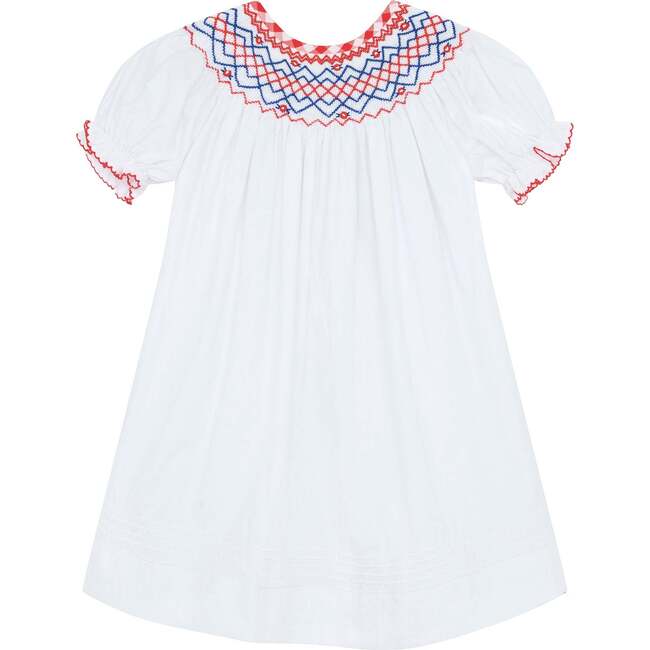 Little Princess Ella Hand Smocked Embroidered Cotton Girls Dress, Red, White & Blue