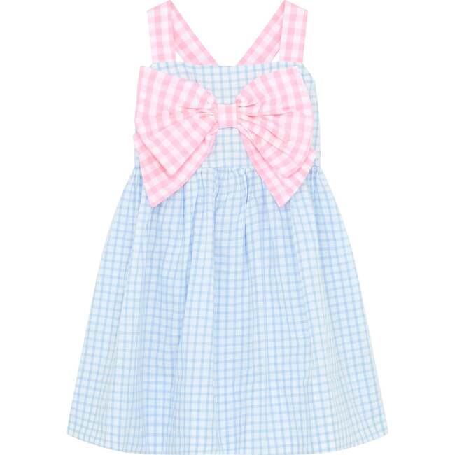 Little Princess Helena Gingham Bow Cotton Girls Dress, Pink & Blue