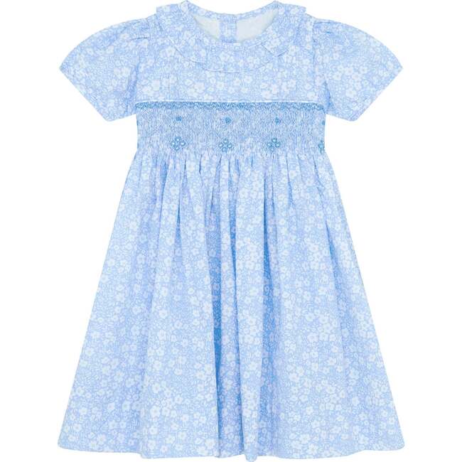 Little Princess Alice Hand Smocked Embroidered Floral Cotton Girls Dress, Blue