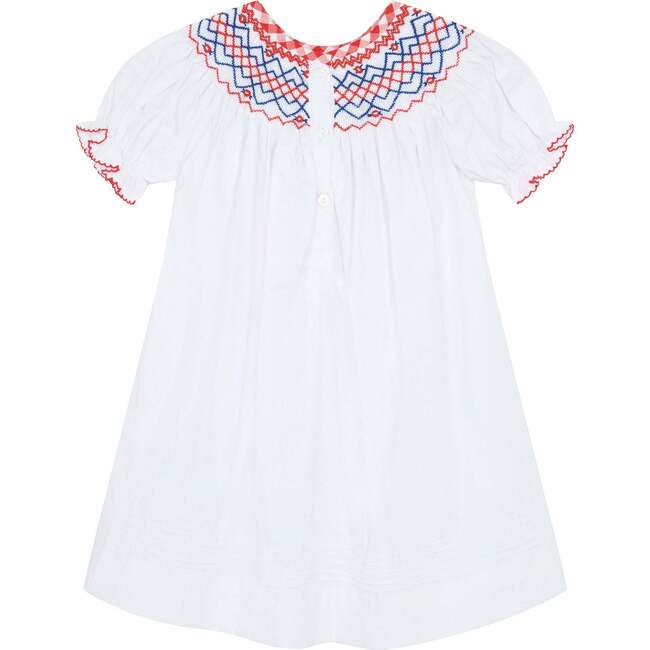 Little Princess Ella Hand Smocked Embroidered Cotton Girls Dress, Red, White & Blue - Dresses - 2