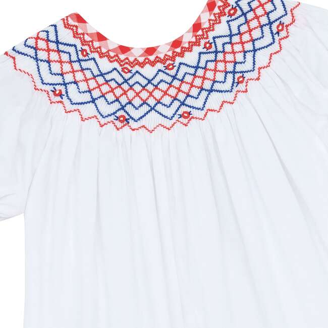 Little Princess Ella Hand Smocked Embroidered Cotton Girls Dress, Red, White & Blue - Dresses - 3