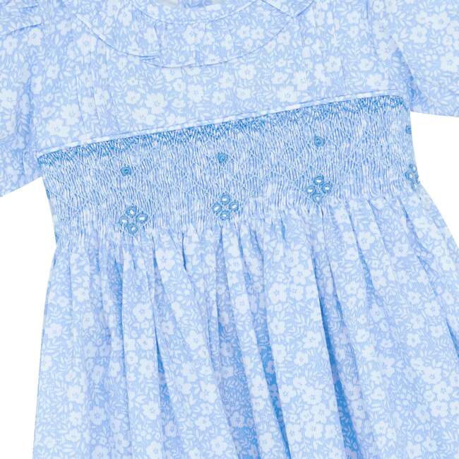 Little Princess Alice Hand Smocked Embroidered Floral Cotton Girls Dress, Blue - Dresses - 3