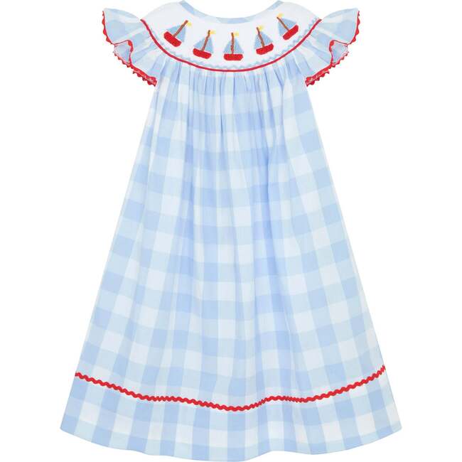 Little Princess Bella Hand Smocked Embroidered Sails Cotton Girls Dress, Red, White & Blue