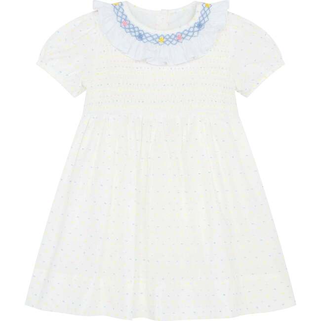 Little Princess Anne Hand Smocked Embroidered Dot Cotton Girls Dress, White & Pink