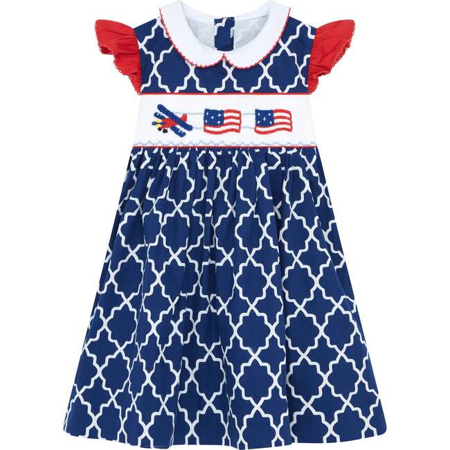Little Princess Aurora Hand Smocked Embroidered Flags Cotton Girls Dress, Red, White & Blue