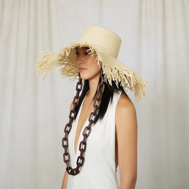 Women's Valentina Raffia Wide-Brim Frayed Edge Sunhat, Ivory - Hats - 2