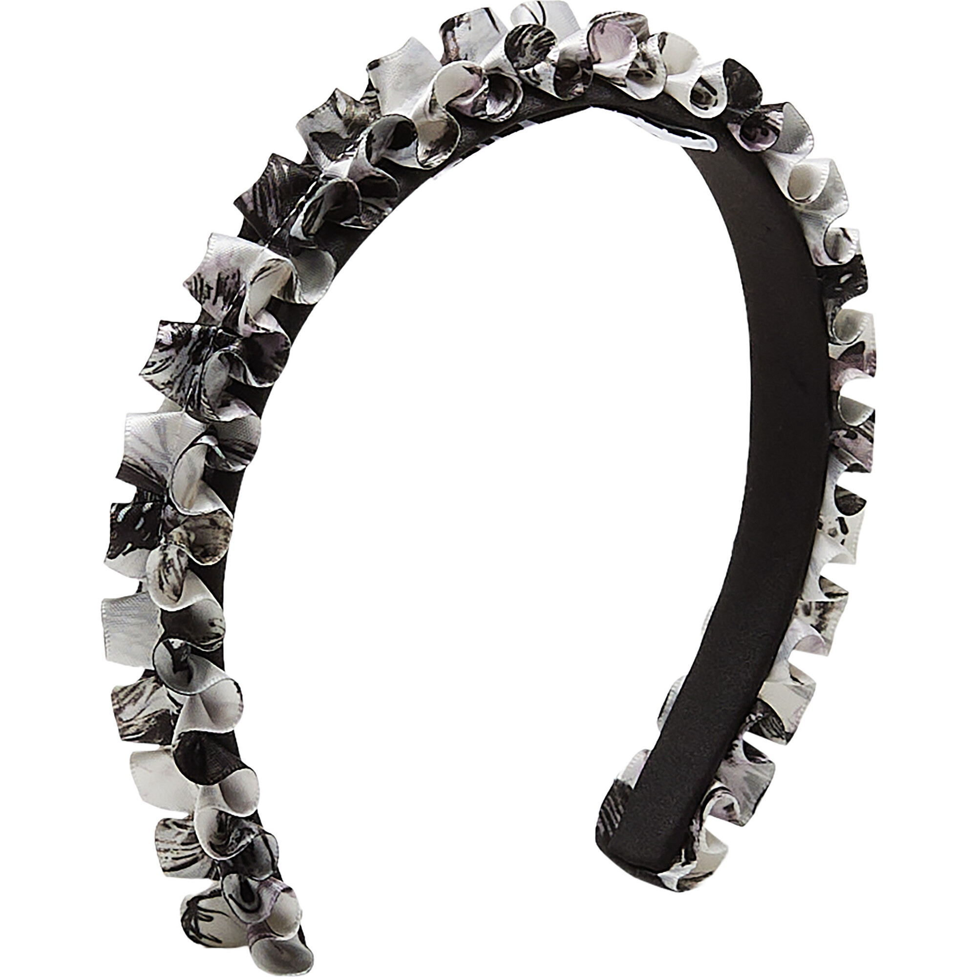 Women's Rafaela Floral Print Ruffle Satin Ribbon Headband, White & Black - Headbands - 1