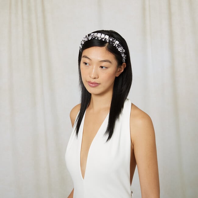 Women's Rafaela Floral Print Ruffle Satin Ribbon Headband, White & Black - Headbands - 3