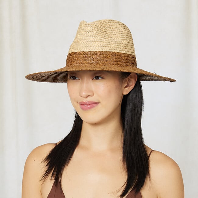 Women's Emmanuelle Raffia Wide-Brim Fedora, Natural & Chocolate - Hats - 2