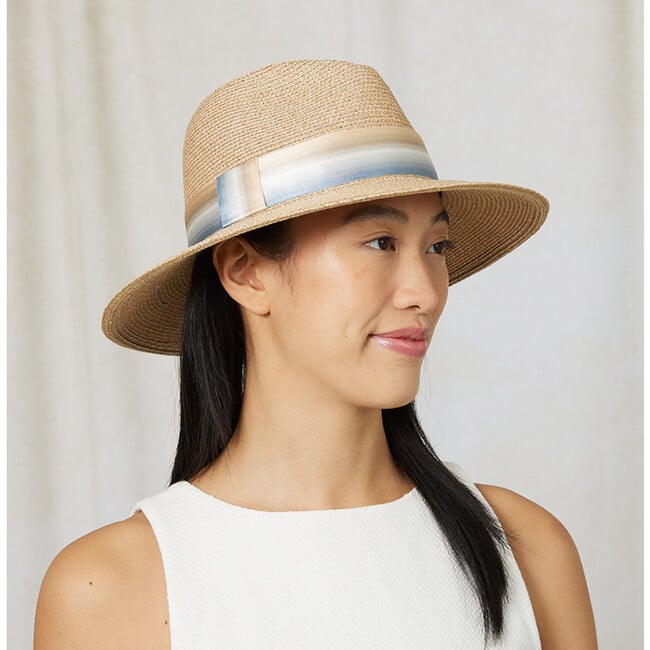 Women's Courtney UPF 25+ Ombre Ribbon Tie Fedora, Sand & Blue - Hats - 3