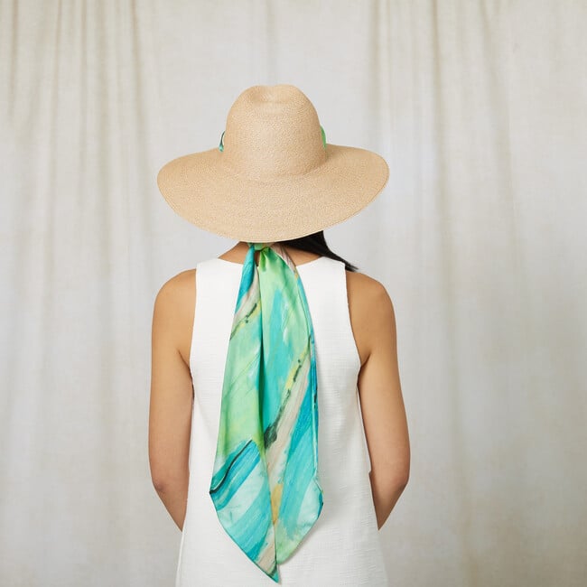 Women's Cassidy UPF 25+ Satin Scarf Wide-Brim Fedora, Sand & Green - Hats - 4