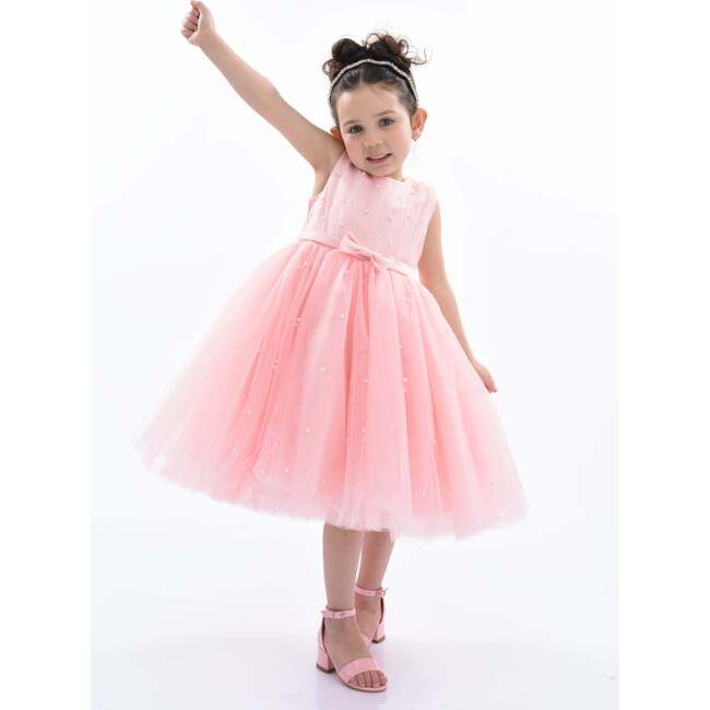 Pearl Bow Tulle Dress, Pink - Dresses - 2