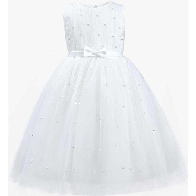Pearl Bow Tulle Dress, White