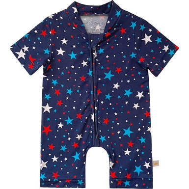 Independence Day July 4th Star Patriotic Memorial Short Baby Romper, Blue