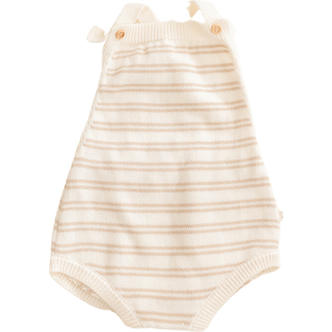 Organic Cotton Stripe Knit Bubble Romper, Mushroom Gray Stripes - Rompers - 1