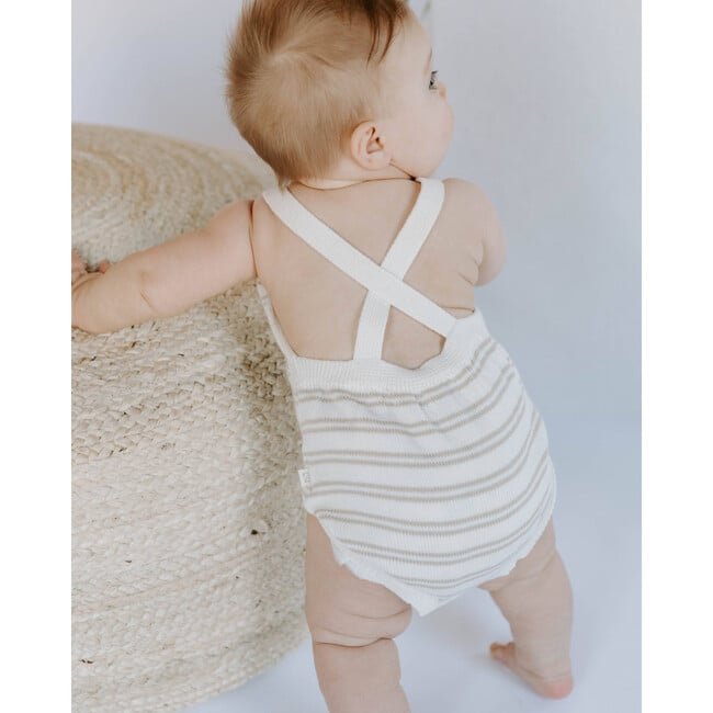 Organic Cotton Stripe Knit Bubble Romper, Mushroom Gray Stripes - Rompers - 2