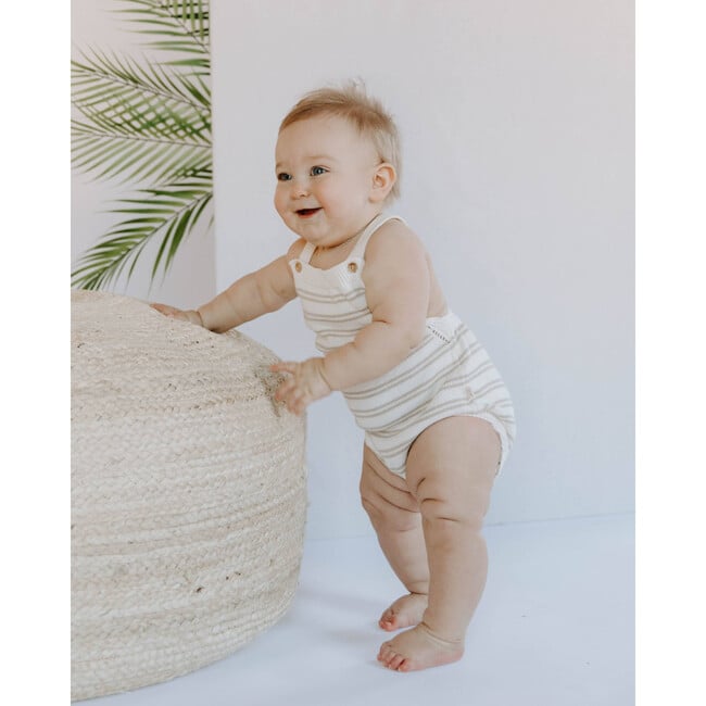 Organic Cotton Stripe Knit Bubble Romper, Mushroom Gray Stripes - Rompers - 3