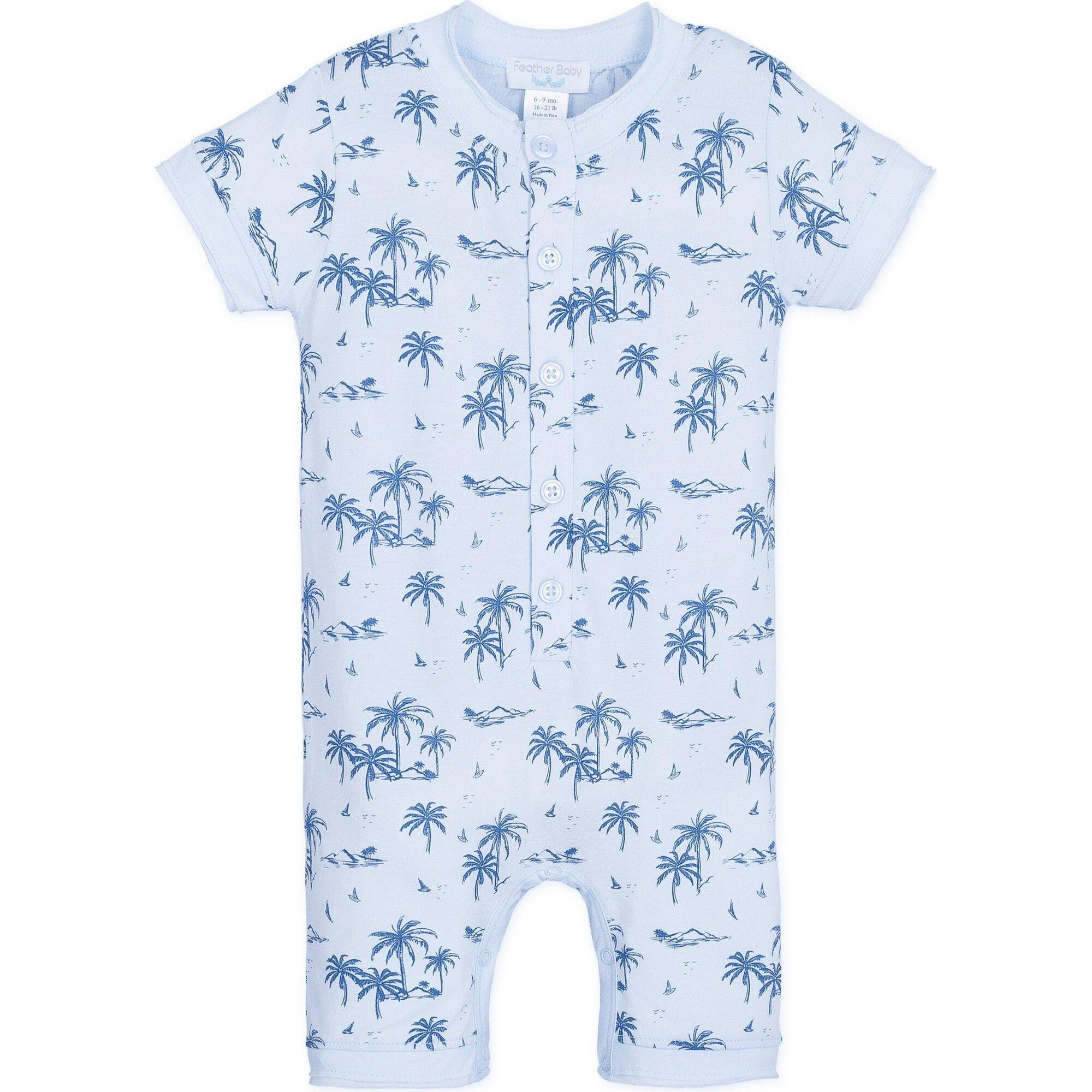 Henley Romper, Vintage Hawaii, Indigo on Baby Blue - Rompers - 1