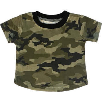 Boys Camo Camouflage Waffle Short Sleeve T-Shirt, Green