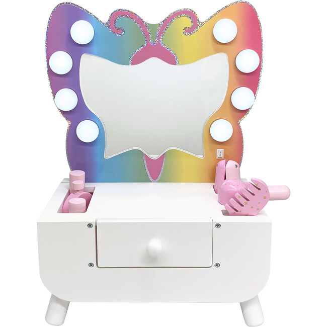 Colorful Butterfly-Shaped Tabletop Vanity with LED-Illuminated Mirror and Accessory Set