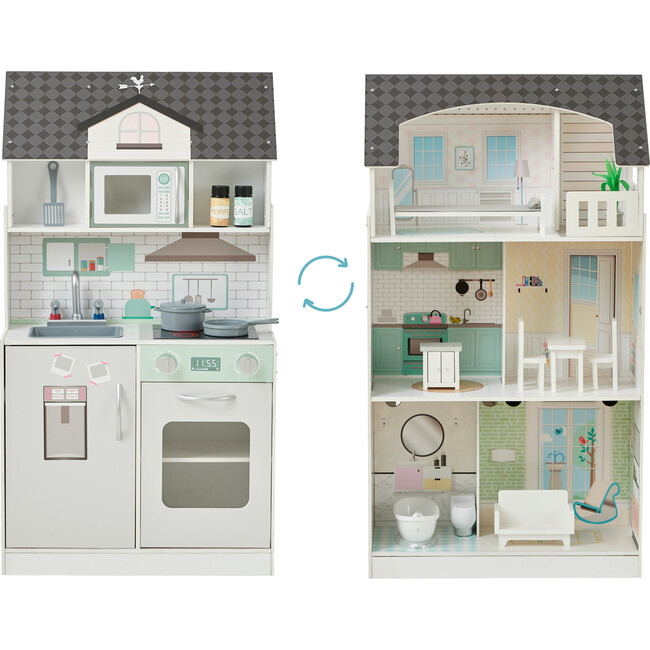 Wonderland Ariel 2-in-1 Dollhouse/Play Kitchen Playset, Gray & Ivory