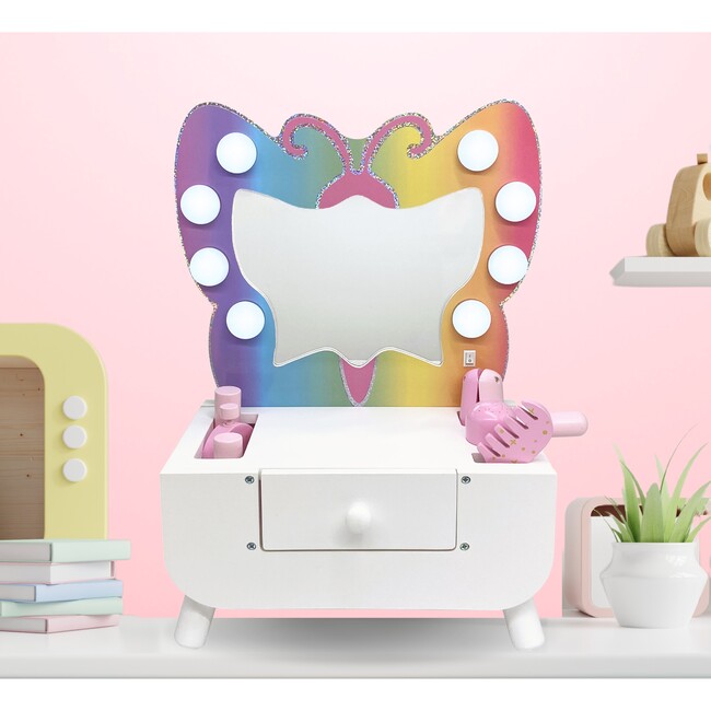 Colorful Butterfly-Shaped Tabletop Vanity with LED-Illuminated Mirror and Accessory Set - Kids Seating - 2