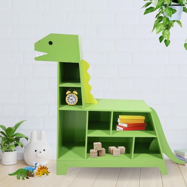 Dinosaur Shaped Bookcase / Toy Organizer with Assorted Cubbies, Green - Bookcases - 2