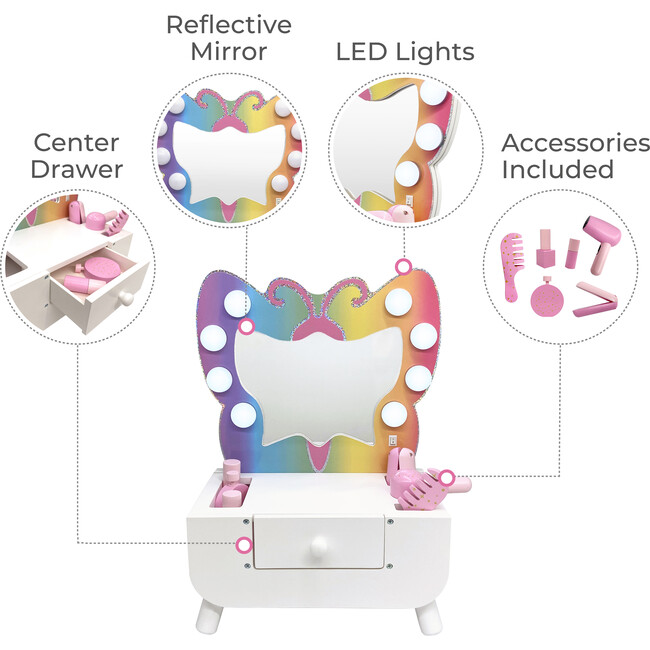 Colorful Butterfly-Shaped Tabletop Vanity with LED-Illuminated Mirror and Accessory Set - Kids Seating - 3