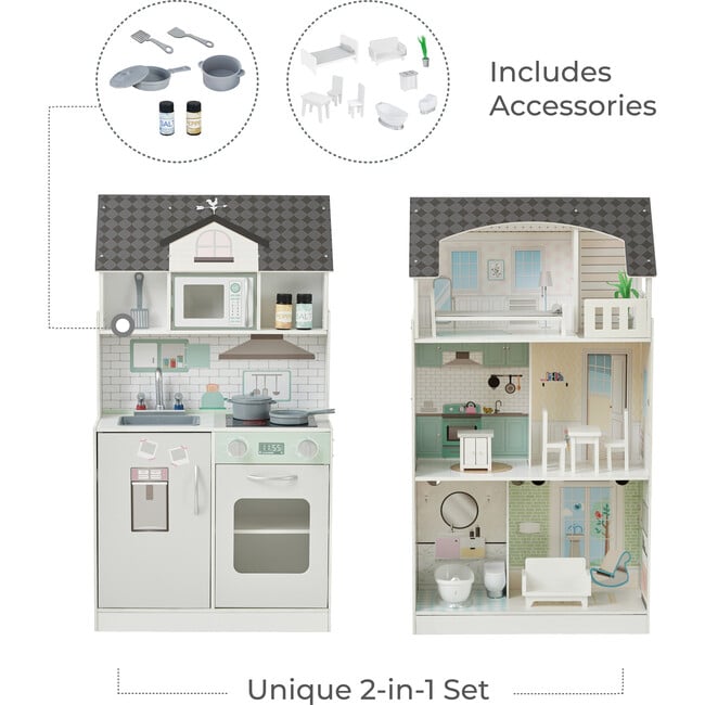 Wonderland Ariel 2-in-1 Dollhouse/Play Kitchen Playset, Gray & Ivory - Dollhouses - 5