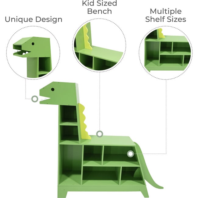 Dinosaur Shaped Bookcase / Toy Organizer with Assorted Cubbies, Green - Bookcases - 4