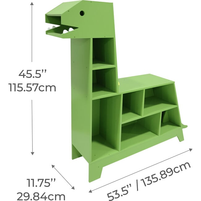 Dinosaur Shaped Bookcase / Toy Organizer with Assorted Cubbies, Green - Bookcases - 8