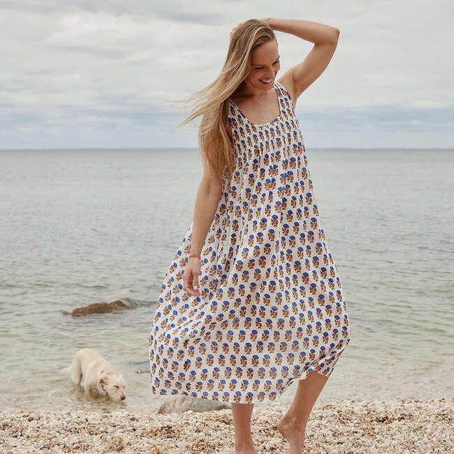 Women's Jaipur Boho Pintuck Sleeveless Dress, Blue Flower Drop - Dresses - 3