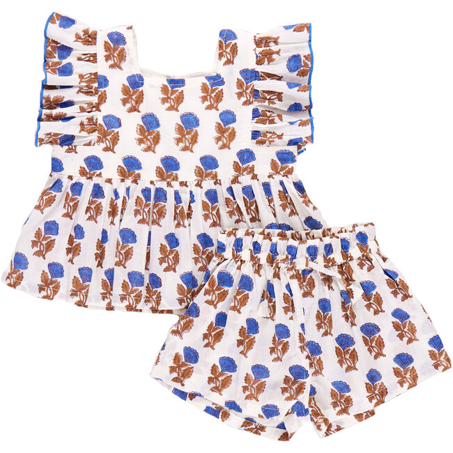 Girls Elsie Boho 2-Piece Ruffle Sleeve Top & Short Set, Blue Flower Drop