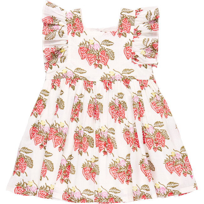 Girls Elsie Boho Square Neck Ruffle Sleeve Dress, Wild Strawberries
