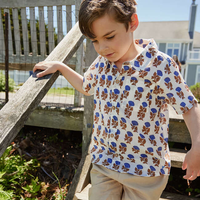 Boys Jack Boho Short Sleeve Oversized Shirt, Blue Flower Drop - Shirts - 2