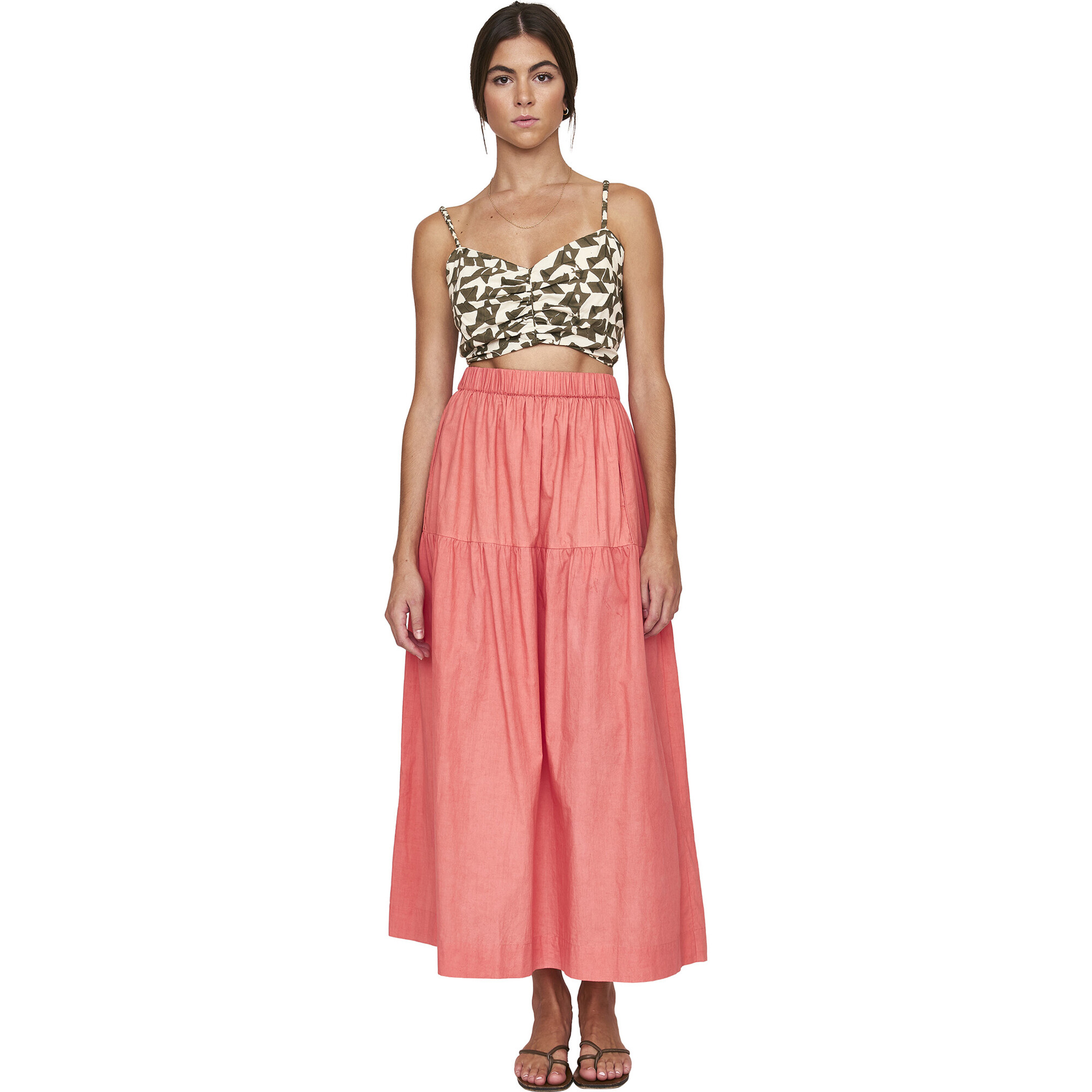 Women's Brighton Elastic Waist Tiered Long Skirt, Coral - Skirts - 1