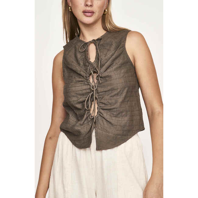 Women's Cerritos Sleeveless Drawstring Tie Cut-Out Top, Brown - Blouses - 2