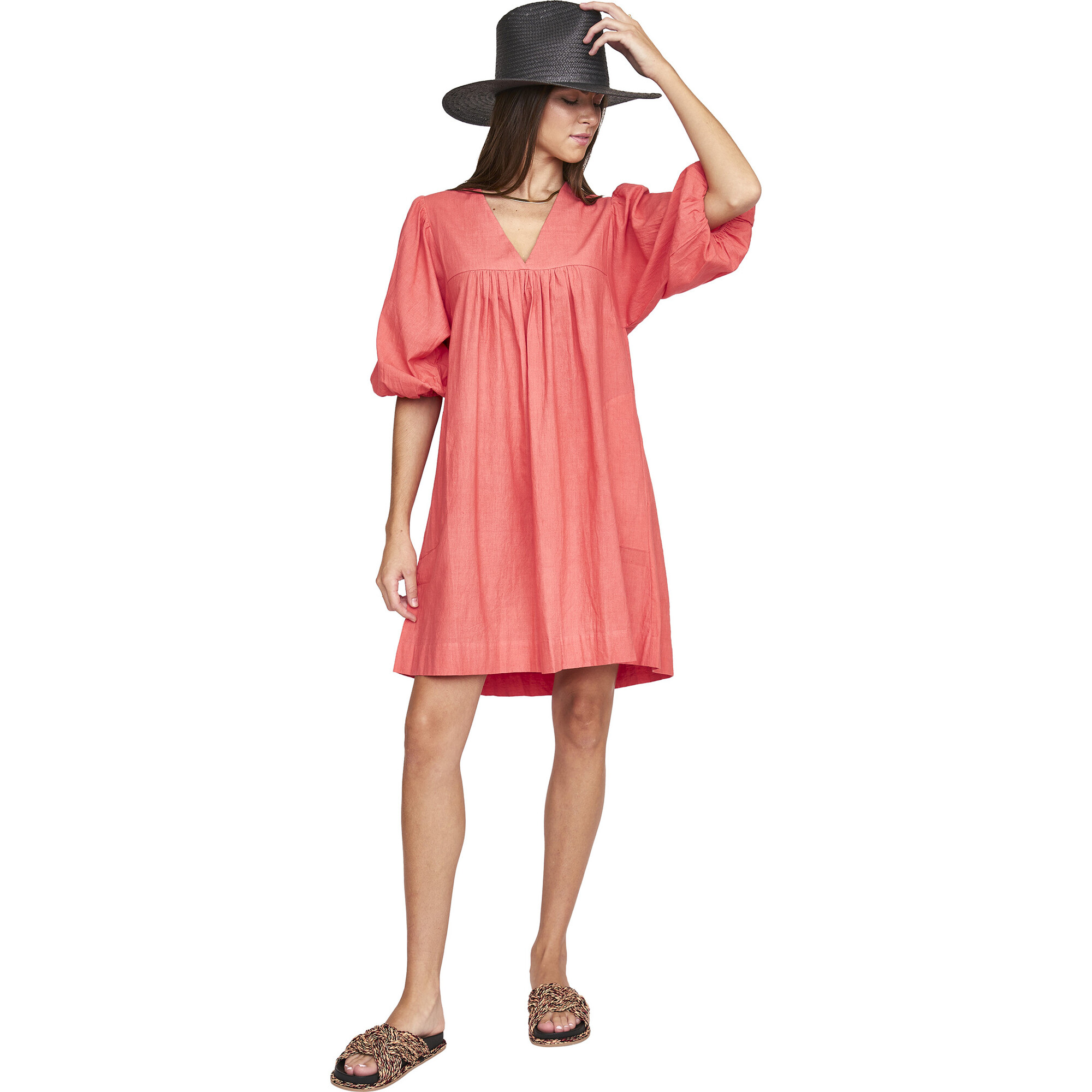 Women's Belem V-Neck Balloon Sleeve Short Dress, Coral - Mirth Dresses |  Maisonette