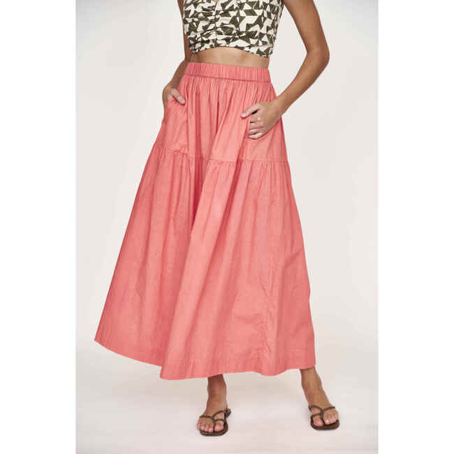 Women's Brighton Elastic Waist Tiered Long Skirt, Coral - Skirts - 3