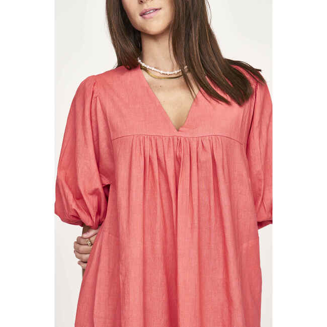 Women's Belem V-Neck Balloon Sleeve Short Dress, Coral - Dresses - 3