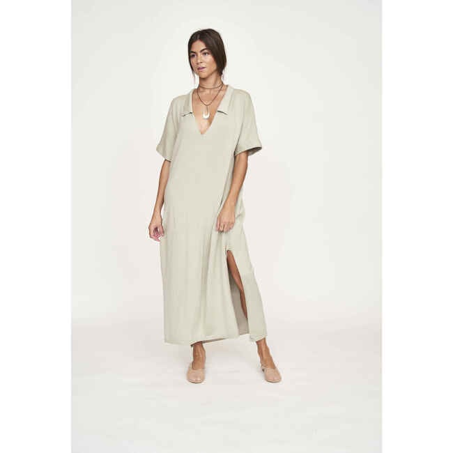 Women's Adelaide Knit Collared Deep V-Neck Oversized Caftan, Powder - Dresses - 2