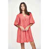 Women's Belem V-Neck Balloon Sleeve Short Dress, Coral - Dresses - 4