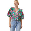 Women's Elodie Puff Sleeve Ruffle Trim Top, White Fleur Tropicale - Blouses - 1 - thumbnail