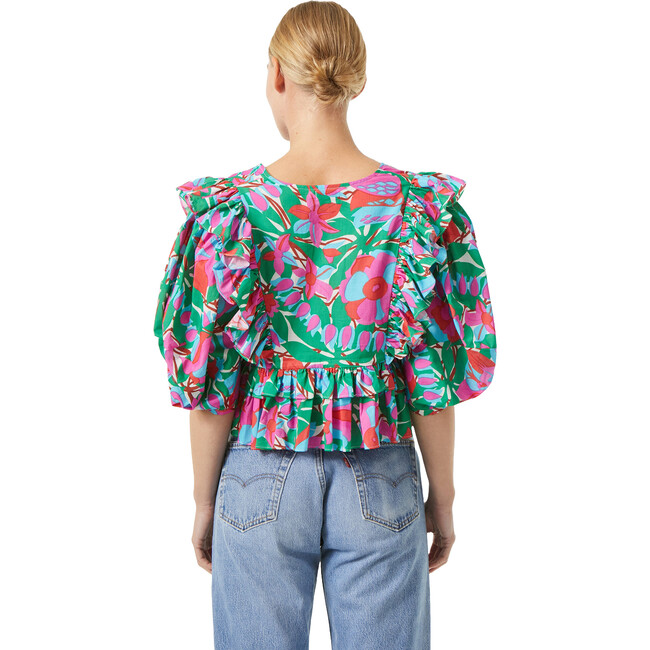 Women's Elodie Puff Sleeve Ruffle Trim Top, White Fleur Tropicale - Blouses - 3