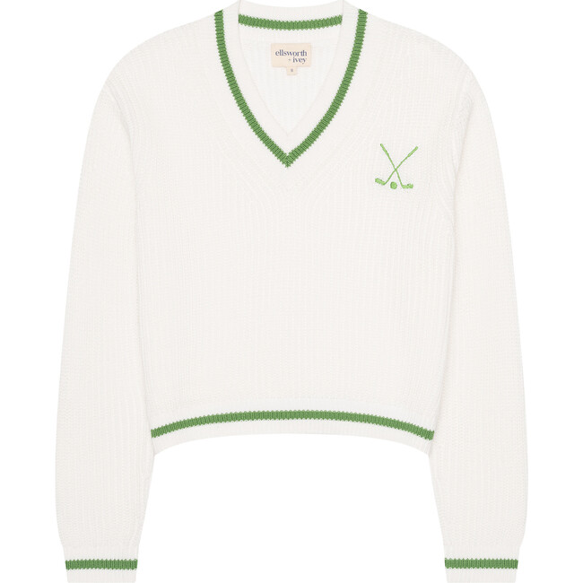 Women's Golf Club Varsity V-Neck Tennis Sweater, Ivory & Green