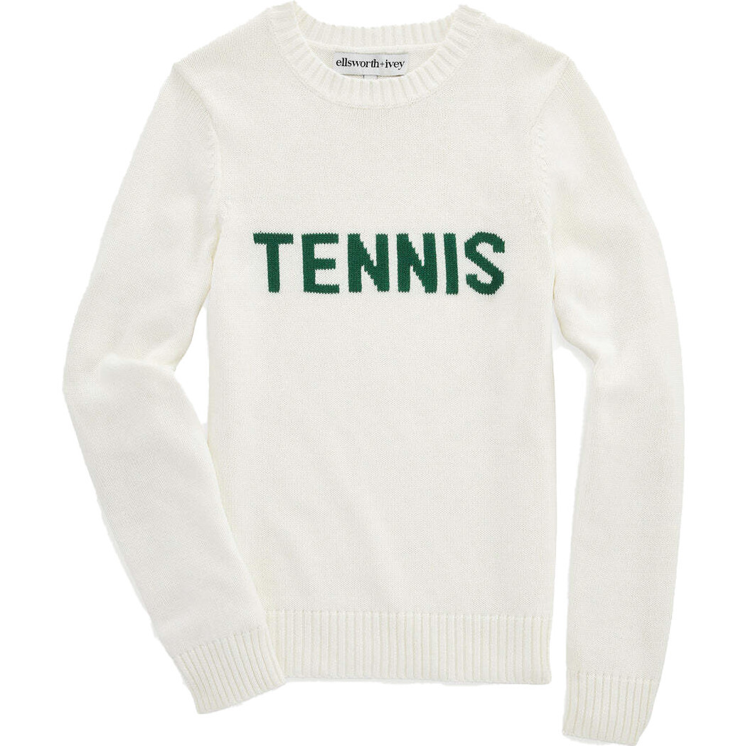 Women's Tennis Classic Crewneck Sweater, Ivory & Forest Green - Sweaters - 1