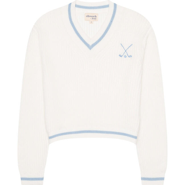 Women's Golf Club Varsity V-Neck Tennis Sweater, Ivory & Blue