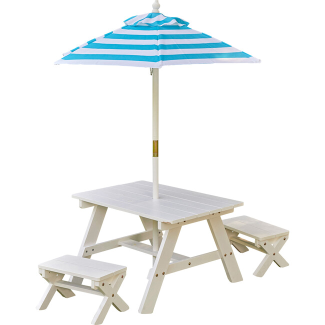 Wooden Outdoor Table & Bench, Children's Furniture, White with Turquoise & White Umbrella