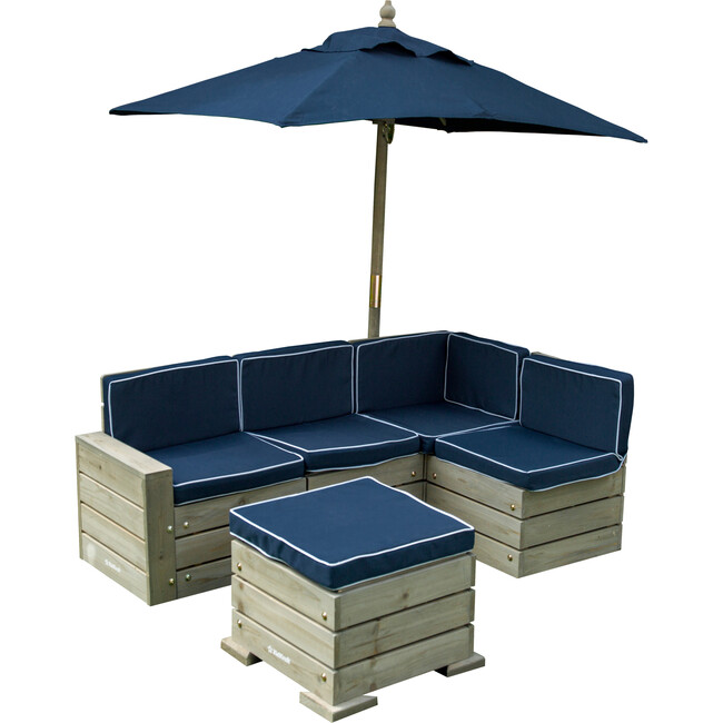 Wooden Outdoor Sectional Ottoman & Umbrella Set with Cushions, Kids’ Patio Furniture, Barnwood Gray & Navy